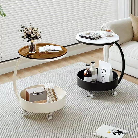 Contemporary Scandinavian Tempered Glass Slab Round Movable Side Table With 2-Tier Storage For Living Room And Bedroom