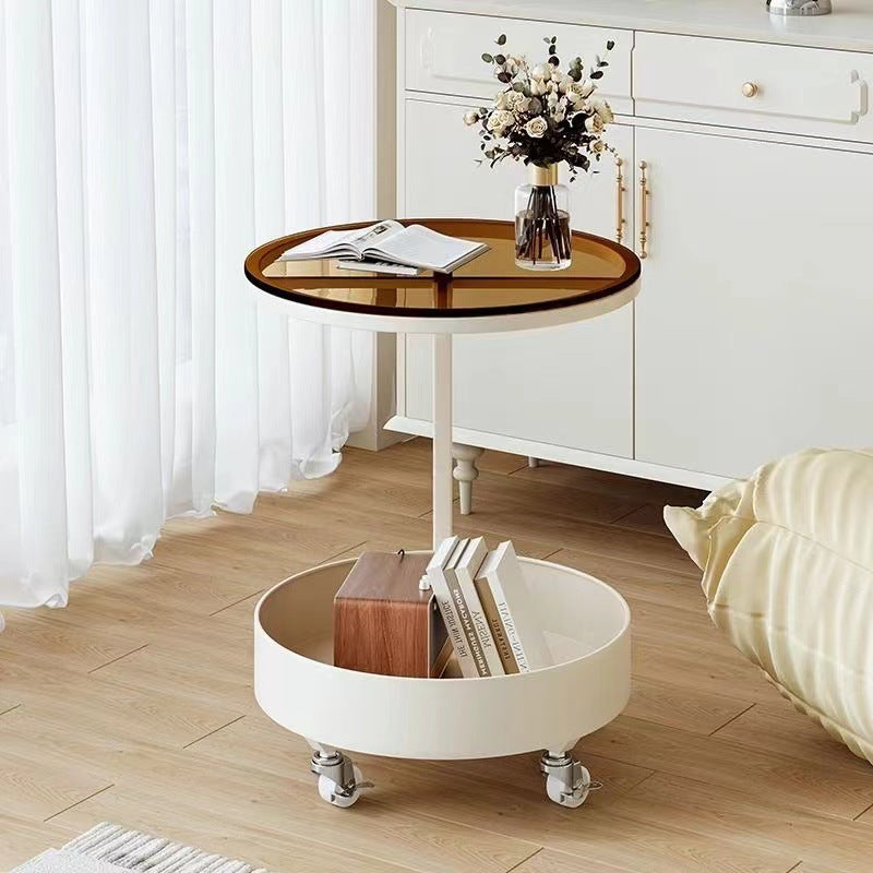 Contemporary Scandinavian Tempered Glass Slab Round Movable Side Table With 2-Tier Storage For Living Room And Bedroom