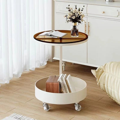 Contemporary Scandinavian Tempered Glass Slab Round Movable Side Table With 2-Tier Storage For Living Room And Bedroom