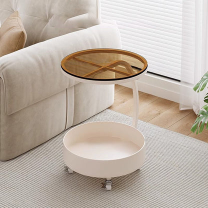 Contemporary Scandinavian Tempered Glass Slab Round Movable Side Table With 2-Tier Storage For Living Room And Bedroom