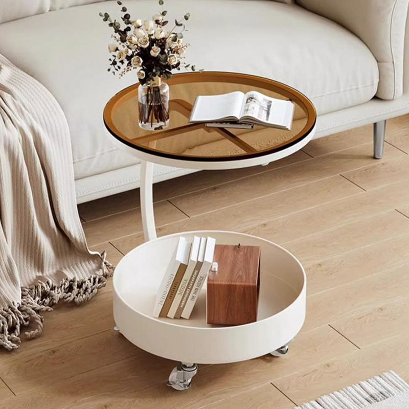 Contemporary Scandinavian Tempered Glass Slab Round Movable Side Table With 2-Tier Storage For Living Room And Bedroom