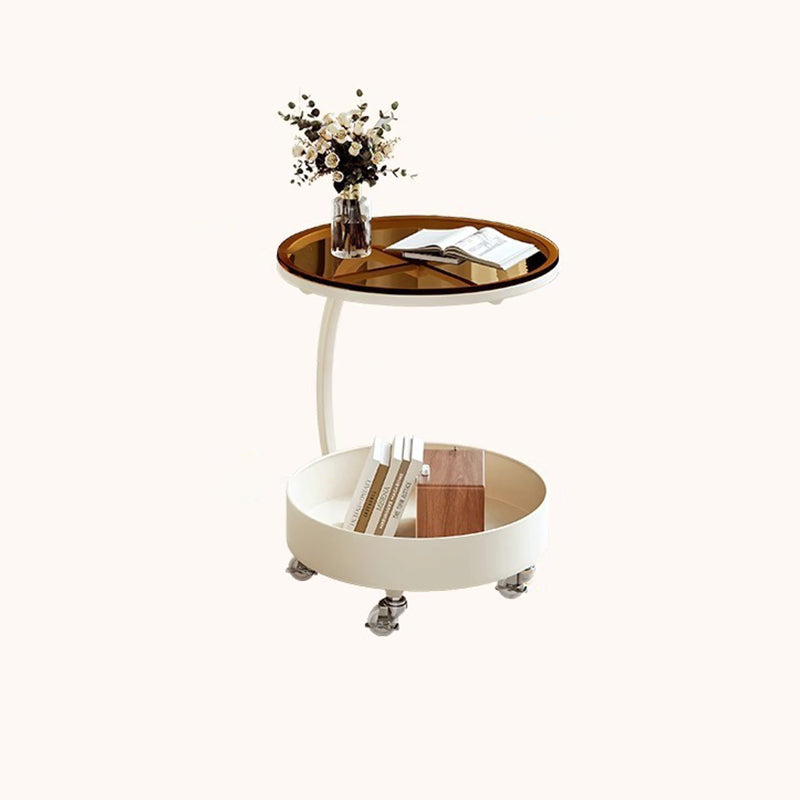 Contemporary Scandinavian Tempered Glass Slab Round Movable Side Table With 2-Tier Storage For Living Room And Bedroom