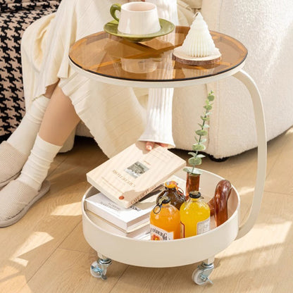 Contemporary Scandinavian Tempered Glass Slab Round Movable Side Table With 2-Tier Storage For Living Room And Bedroom