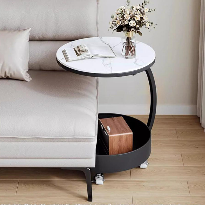 Contemporary Scandinavian Tempered Glass Slab Round Movable Side Table With 2-Tier Storage For Living Room And Bedroom