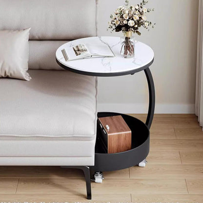 Contemporary Scandinavian Tempered Glass Slab Round Movable Side Table With 2-Tier Storage For Living Room And Bedroom
