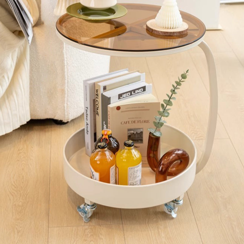 Contemporary Scandinavian Tempered Glass Slab Round Movable Side Table With 2-Tier Storage For Living Room And Bedroom