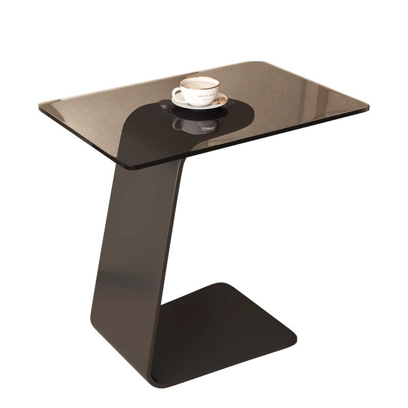 Modern Minimalist Tempered Glass & Carbon Steel Rectangular C-Shaped End Table With 2-Tier Design For Living Room And Bedroom