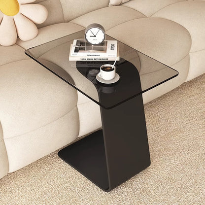 Modern Minimalist Tempered Glass & Carbon Steel Rectangular C-Shaped End Table With 2-Tier Design For Living Room And Bedroom