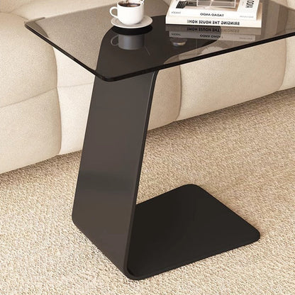Modern Minimalist Tempered Glass & Carbon Steel Rectangular C-Shaped End Table With 2-Tier Design For Living Room And Bedroom