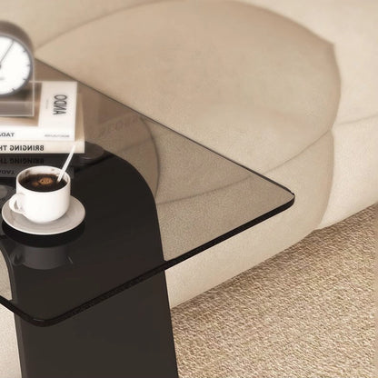 Modern Minimalist Tempered Glass & Carbon Steel Rectangular C-Shaped End Table With 2-Tier Design For Living Room And Bedroom