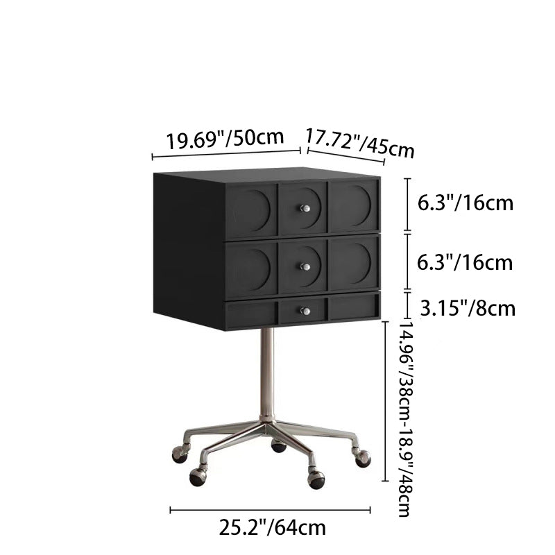 Contemporary Retro Wood & Stainless Steel Square Liftable Nightstand With 3 Drawers And Swivel Wheels For Bedroom Or Living Room
