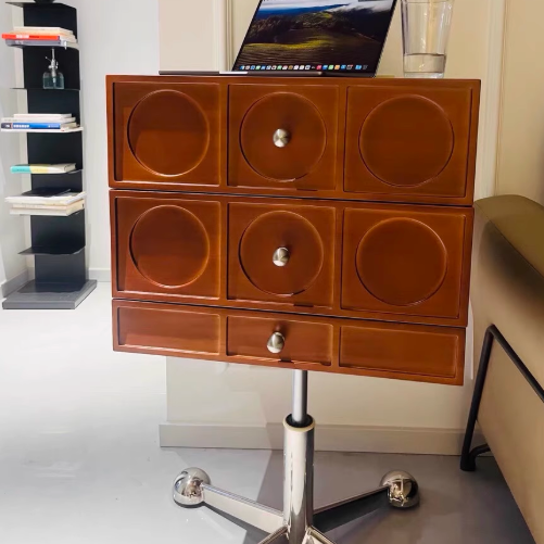 Contemporary Retro Wood & Stainless Steel Square Liftable Nightstand With 3 Drawers And Swivel Wheels For Bedroom Or Living Room