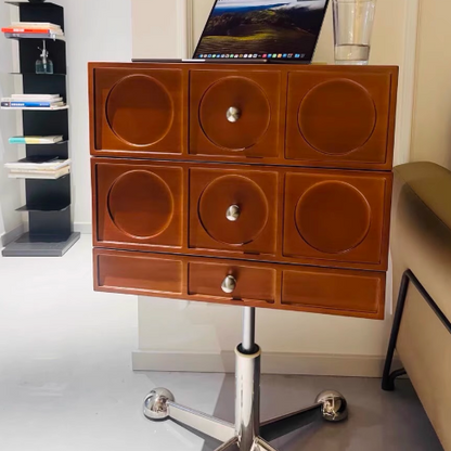 Contemporary Retro Wood & Stainless Steel Square Liftable Nightstand With 3 Drawers And Swivel Wheels For Bedroom Or Living Room