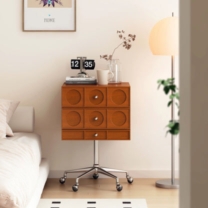 Contemporary Retro Wood & Stainless Steel Square Liftable Nightstand With 3 Drawers And Swivel Wheels For Bedroom Or Living Room
