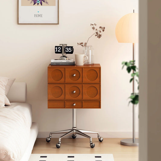 Contemporary Retro Wood & Stainless Steel Square Liftable Nightstand With 3 Drawers And Swivel Wheels For Bedroom Or Living Room