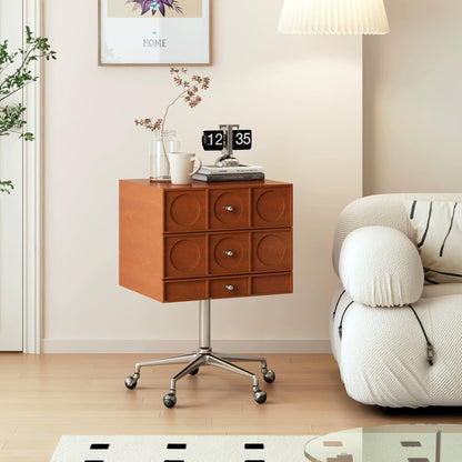 Contemporary Retro Wood & Stainless Steel Square Liftable Nightstand With 3 Drawers And Swivel Wheels For Bedroom Or Living Room