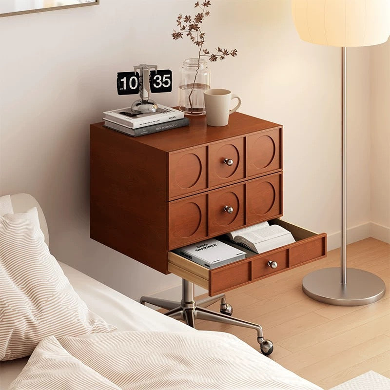 Contemporary Retro Wood & Stainless Steel Square Liftable Nightstand With 3 Drawers And Swivel Wheels For Bedroom Or Living Room