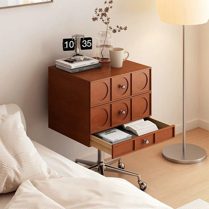 Contemporary Retro Wood & Stainless Steel Square Liftable Nightstand With 3 Drawers And Swivel Wheels For Bedroom Or Living Room