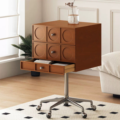 Contemporary Retro Wood & Stainless Steel Square Liftable Nightstand With 3 Drawers And Swivel Wheels For Bedroom Or Living Room