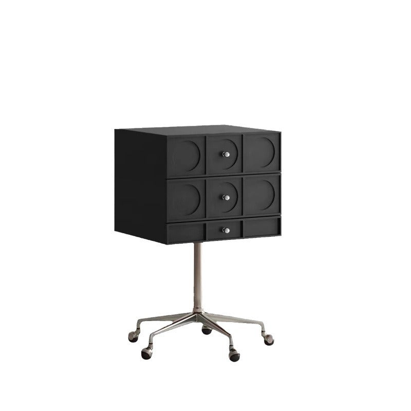 Contemporary Retro Wood & Stainless Steel Square Liftable Nightstand With 3 Drawers And Swivel Wheels For Bedroom Or Living Room