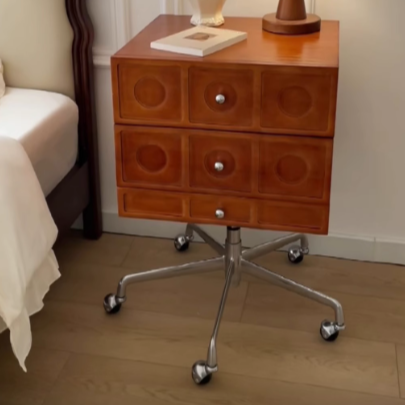 Contemporary Retro Wood & Stainless Steel Square Liftable Nightstand With 3 Drawers And Swivel Wheels For Bedroom Or Living Room