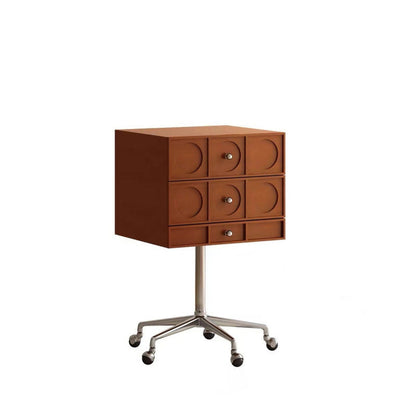Contemporary Retro Wood & Stainless Steel Square Liftable Nightstand With 3 Drawers And Swivel Wheels For Bedroom Or Living Room