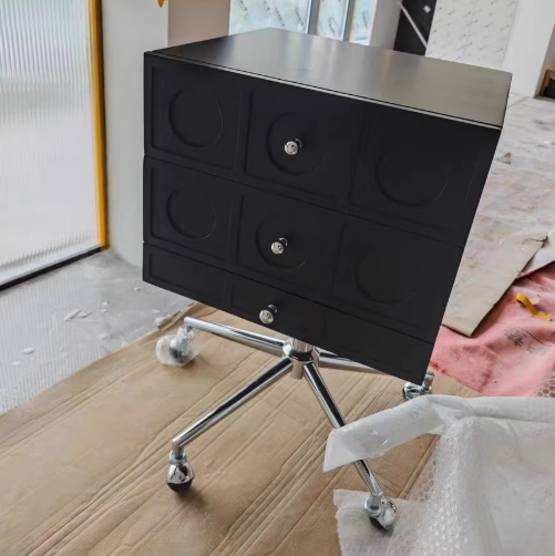 Contemporary Retro Wood & Stainless Steel Square Liftable Nightstand With 3 Drawers And Swivel Wheels For Bedroom Or Living Room