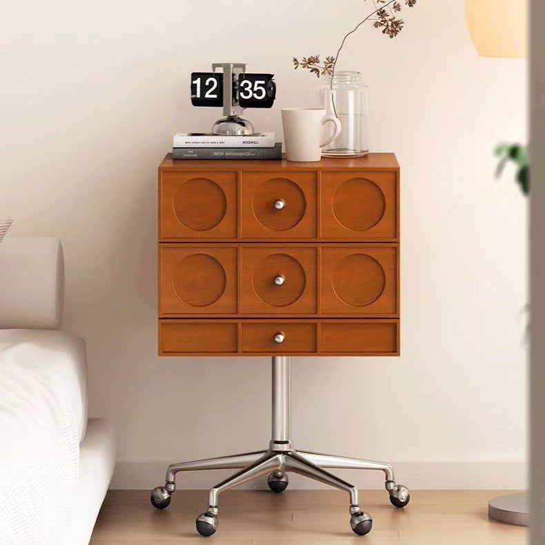 Contemporary Retro Wood & Stainless Steel Square Liftable Nightstand With 3 Drawers And Swivel Wheels For Bedroom Or Living Room