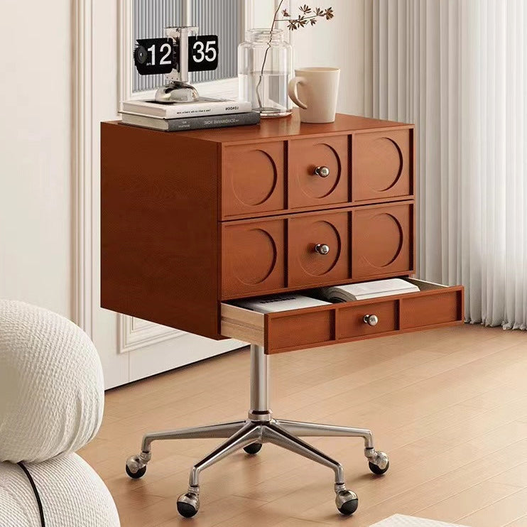 Contemporary Retro Wood & Stainless Steel Square Liftable Nightstand With 3 Drawers And Swivel Wheels For Bedroom Or Living Room