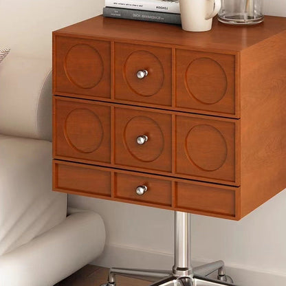 Contemporary Retro Wood & Stainless Steel Square Liftable Nightstand With 3 Drawers And Swivel Wheels For Bedroom Or Living Room