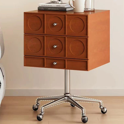 Contemporary Retro Wood & Stainless Steel Square Liftable Nightstand With 3 Drawers And Swivel Wheels For Bedroom Or Living Room