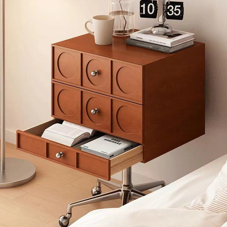 Contemporary Retro Wood & Stainless Steel Square Liftable Nightstand With 3 Drawers And Swivel Wheels For Bedroom Or Living Room