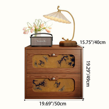 Traditional Chinese Solid Wood & Silk Rectangular Butterfly Nightstand With 2 Drawers For Bedroom Or Living Room