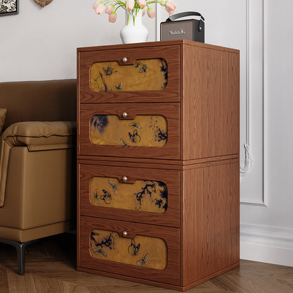 Traditional Chinese Solid Wood & Silk Rectangular Butterfly Nightstand With 2 Drawers For Bedroom Or Living Room