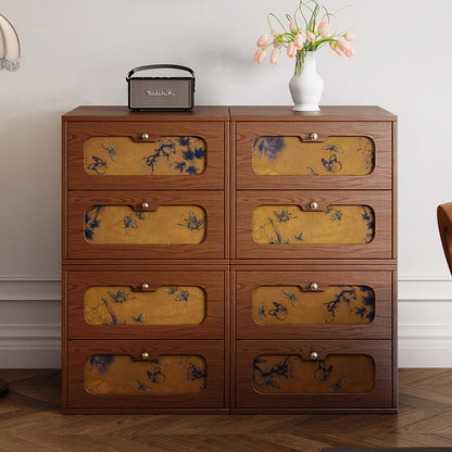 Traditional Chinese Solid Wood & Silk Rectangular Butterfly Nightstand With 2 Drawers For Bedroom Or Living Room