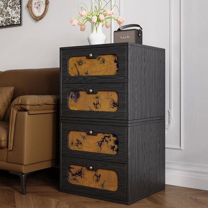 Traditional Chinese Solid Wood & Silk Rectangular Butterfly Nightstand With 2 Drawers For Bedroom Or Living Room