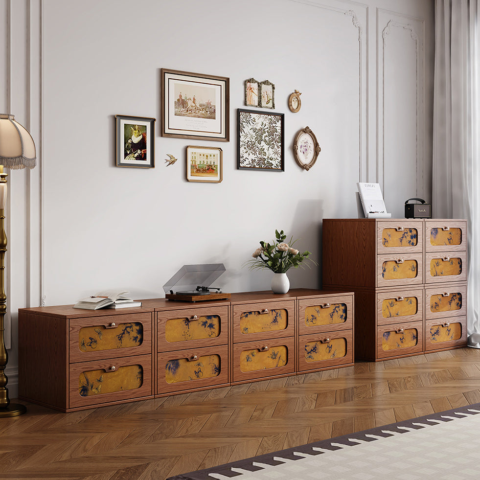 Traditional Chinese Solid Wood & Silk Rectangular Butterfly Nightstand With 2 Drawers For Bedroom Or Living Room