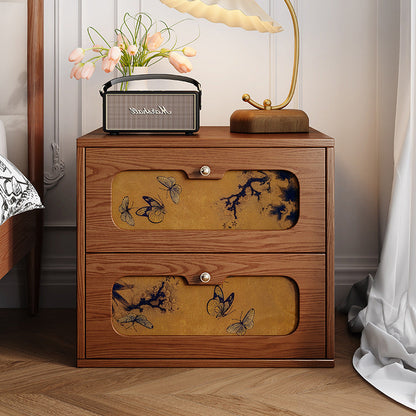 Traditional Chinese Solid Wood & Silk Rectangular Butterfly Nightstand With 2 Drawers For Bedroom Or Living Room