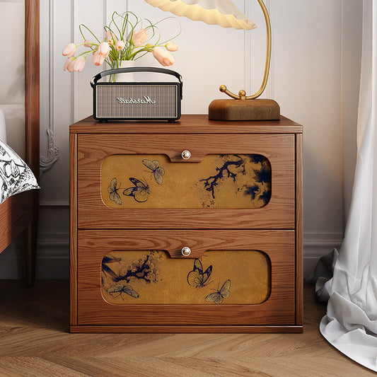 Traditional Chinese Solid Wood & Silk Rectangular Butterfly Nightstand With 2 Drawers For Bedroom Or Living Room