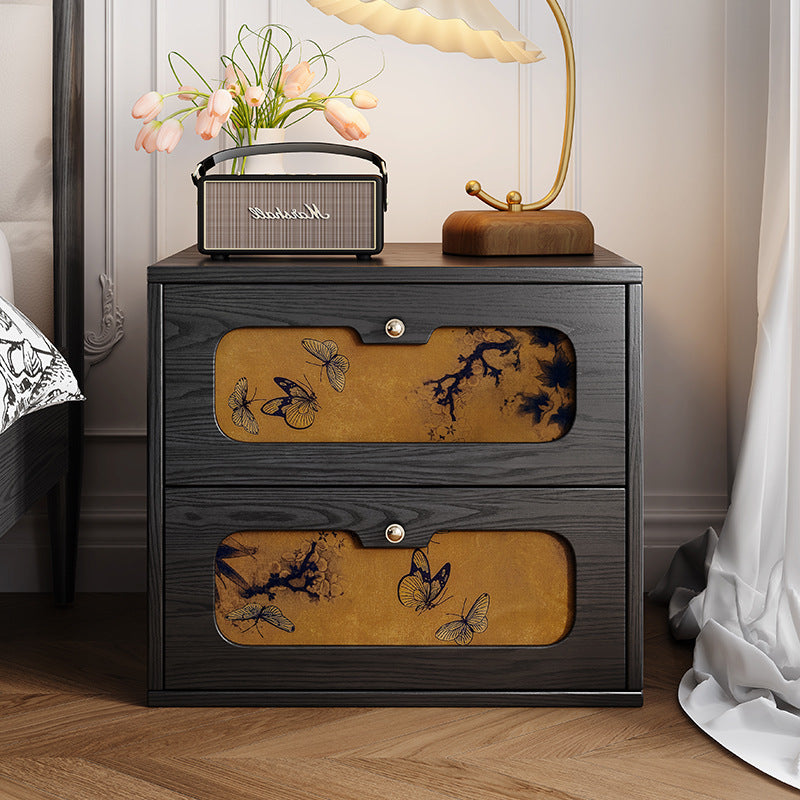 Traditional Chinese Solid Wood & Silk Rectangular Butterfly Nightstand With 2 Drawers For Bedroom Or Living Room