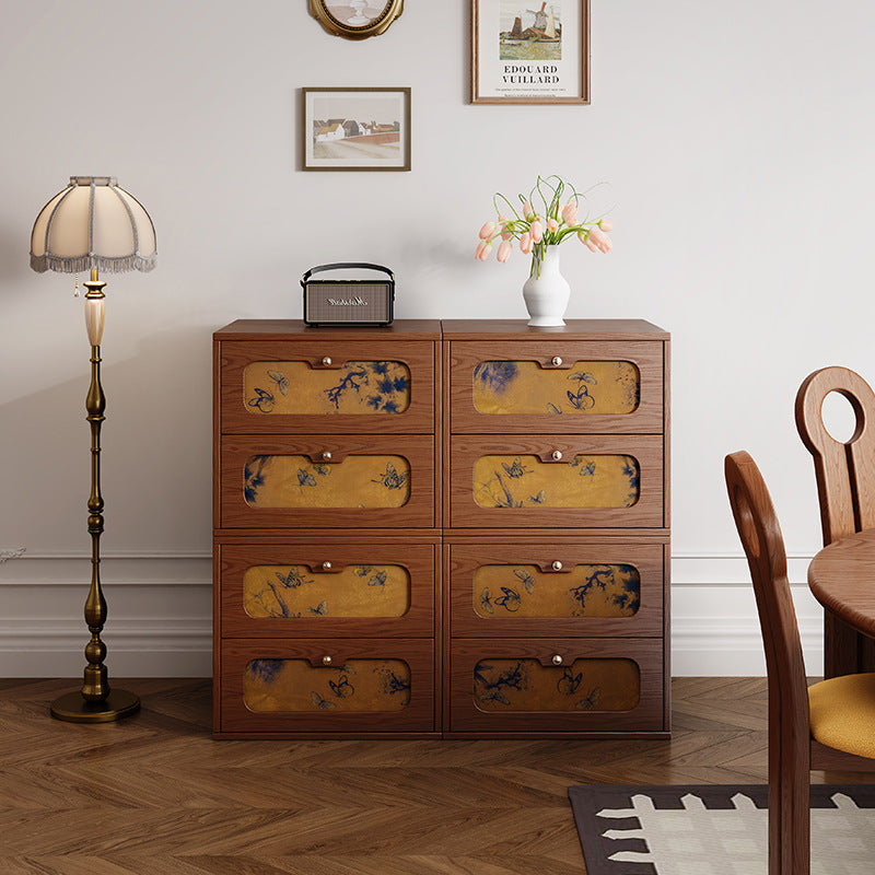 Traditional Chinese Solid Wood & Silk Rectangular Butterfly Nightstand With 2 Drawers For Bedroom Or Living Room