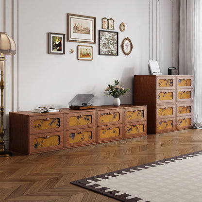 Traditional Chinese Solid Wood & Silk Rectangular Butterfly Nightstand With 2 Drawers For Bedroom Or Living Room