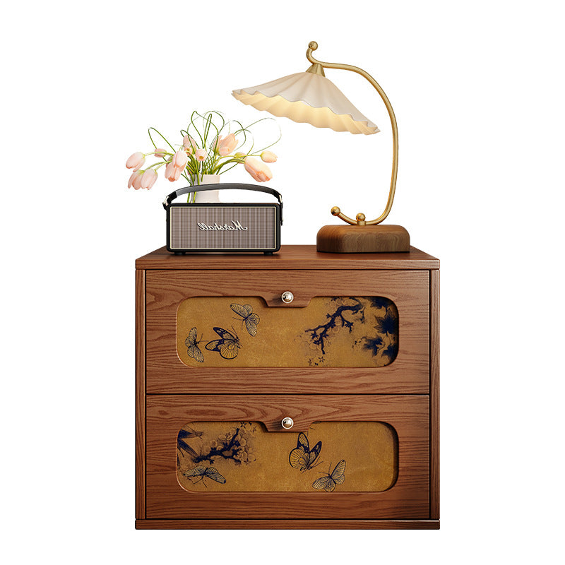 Traditional Chinese Solid Wood & Silk Rectangular Butterfly Nightstand With 2 Drawers For Bedroom Or Living Room