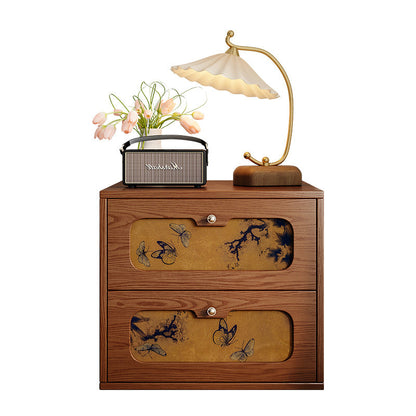 Traditional Chinese Solid Wood & Silk Rectangular Butterfly Nightstand With 2 Drawers For Bedroom Or Living Room