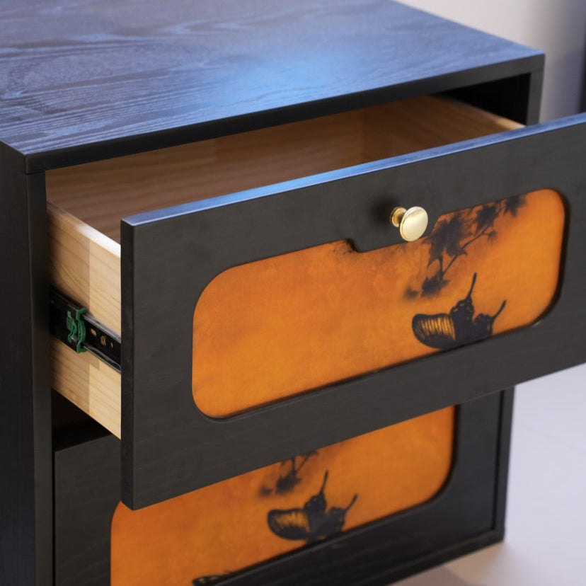 Traditional Chinese Solid Wood & Silk Rectangular Butterfly Nightstand With 2 Drawers For Bedroom Or Living Room