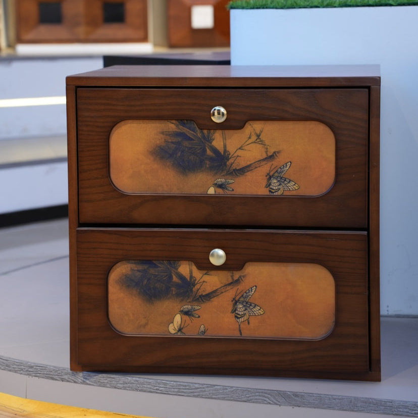 Traditional Chinese Solid Wood & Silk Rectangular Butterfly Nightstand With 2 Drawers For Bedroom Or Living Room