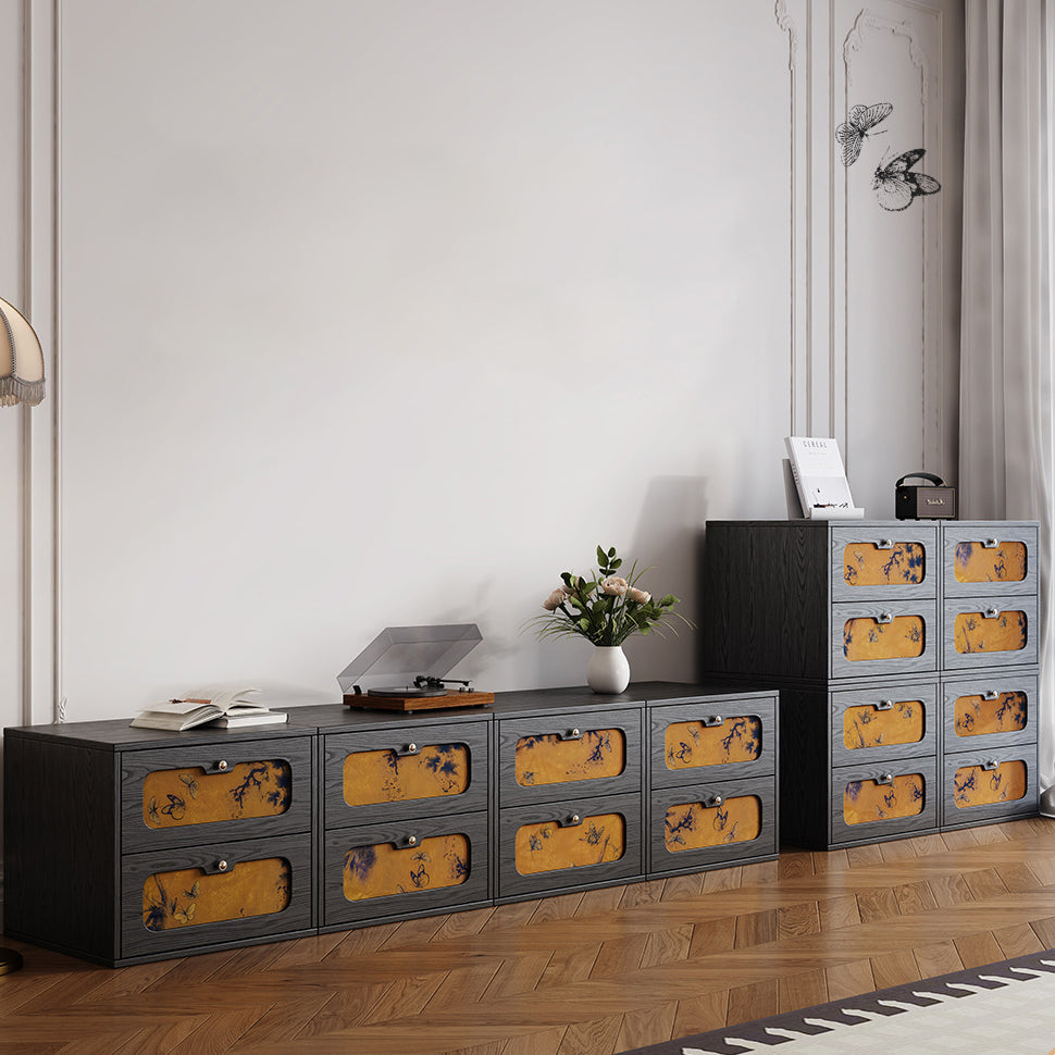 Traditional Chinese Solid Wood & Silk Rectangular Butterfly Nightstand With 2 Drawers For Bedroom Or Living Room