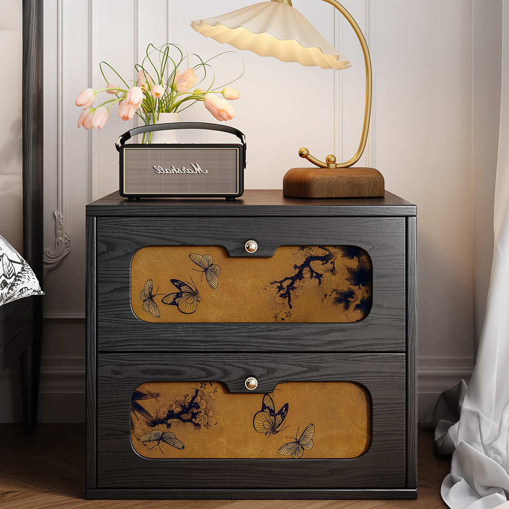 Traditional Chinese Solid Wood & Silk Rectangular Butterfly Nightstand With 2 Drawers For Bedroom Or Living Room