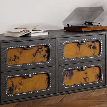 Traditional Chinese Solid Wood & Silk Rectangular Butterfly Nightstand With 2 Drawers For Bedroom Or Living Room