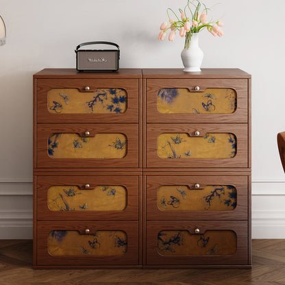 Traditional Chinese Solid Wood & Silk Rectangular Butterfly Nightstand With 2 Drawers For Bedroom Or Living Room